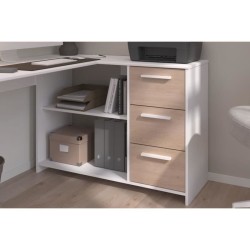 PARISOT Bureau d'angle 3 tiroirs - Décor Blanc / Chene - 121,2 x 74,5