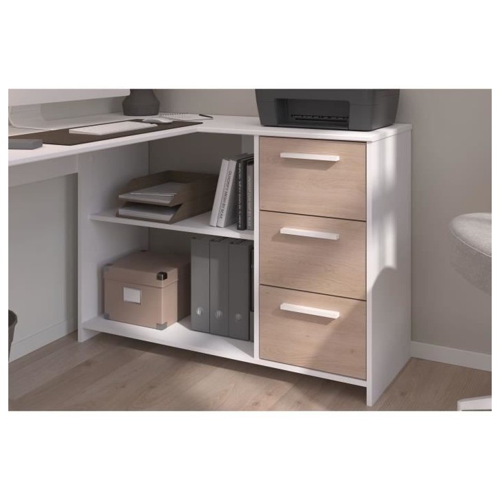 PARISOT Bureau d'angle 3 tiroirs - Décor Blanc / Chene - 121,2 x 74,5 x 111 cm - ESSENTIEL