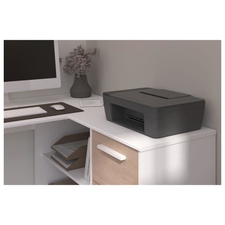PARISOT Bureau d'angle 3 tiroirs - Décor Blanc / Chene - 121,2 x 74,5 x 111 cm - ESSENTIEL