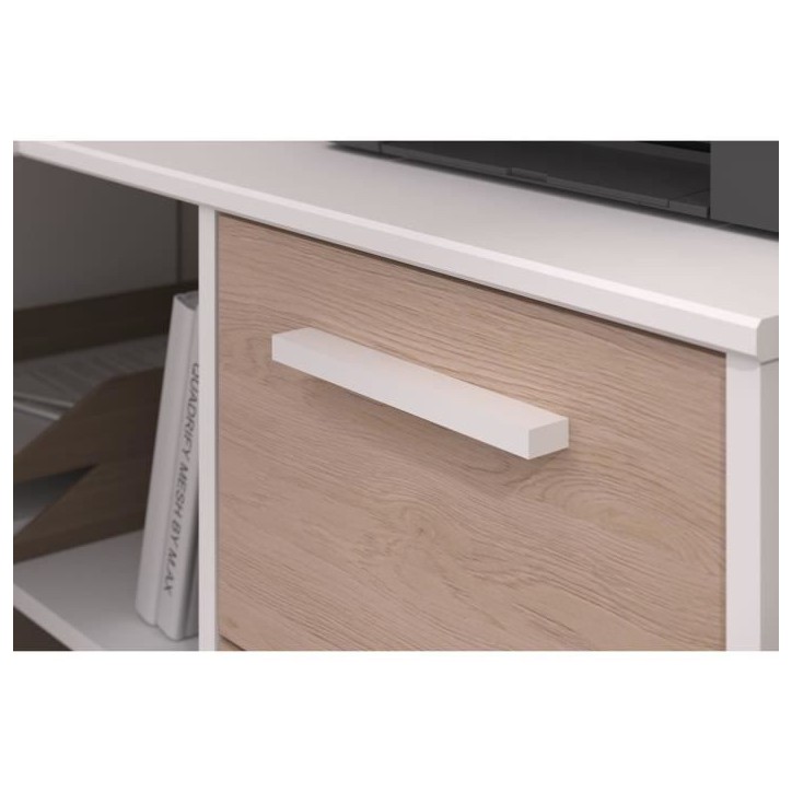 PARISOT Bureau d'angle 3 tiroirs - Décor Blanc / Chene - 121,2 x 74,5 x 111 cm - ESSENTIEL