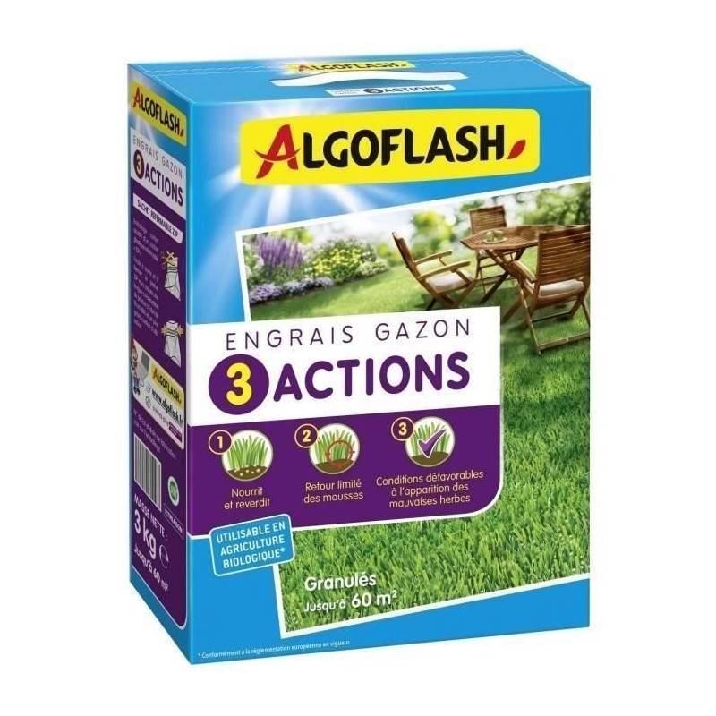 ALGOFLASH NATURASOL Engrais Gazon - 3 Actions - 3 kg ALGOFLASH NATURASOL Engrais Gazon - 3 Actions - 3 kg