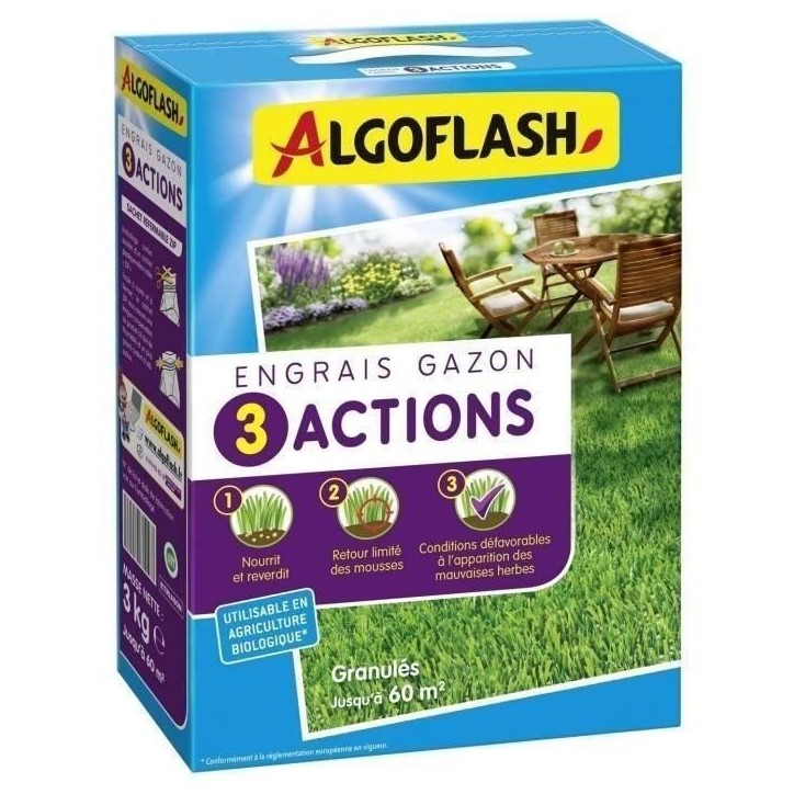 ALGOFLASH NATURASOL Engrais Gazon - 3 Actions - 3 kg ALGOFLASH NATURASOL Engrais Gazon - 3 Actions - 3 kg