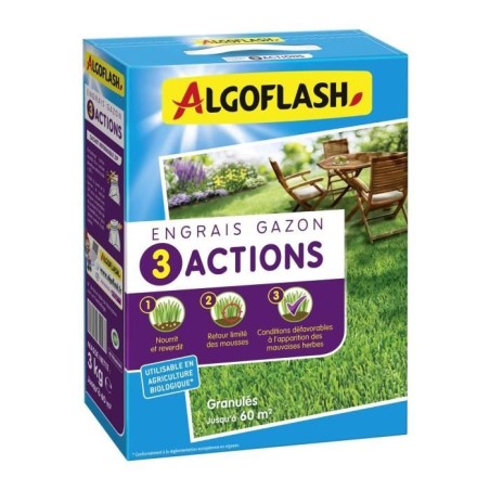 ALGOFLASH NATURASOL Engrais Gazon - 3 Actions - 3 kg