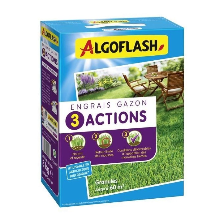 ALGOFLASH NATURASOL Engrais Gazon - 3 Actions - 3 kg ALGOFLASH NATURASOL Engrais Gazon - 3 Actions - 3 kg