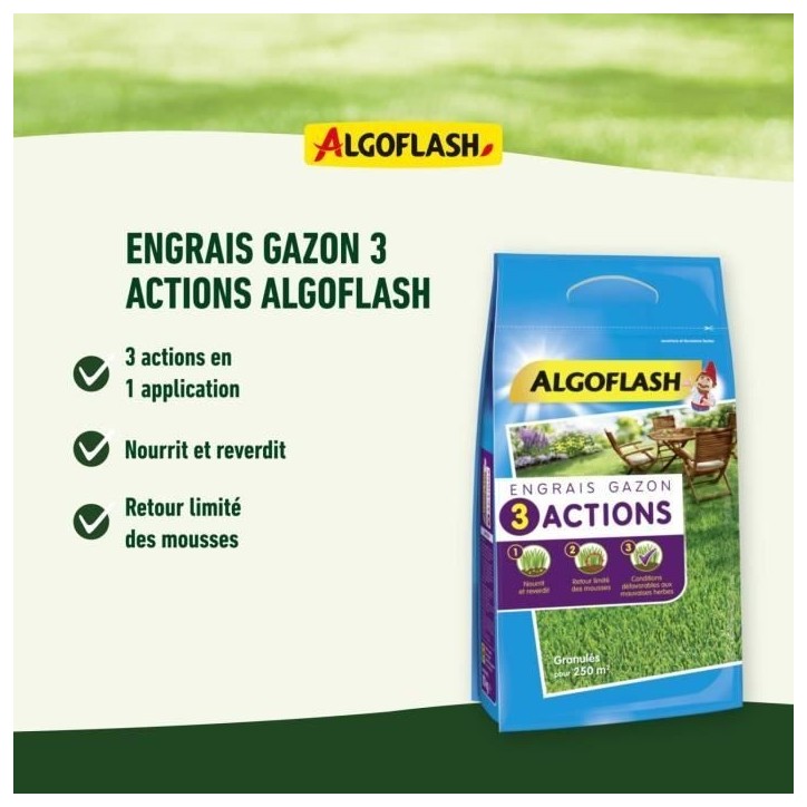 ALGOFLASH NATURASOL Engrais Gazon - 3 Actions - 3 kg ALGOFLASH NATURASOL Engrais Gazon - 3 Actions - 3 kg