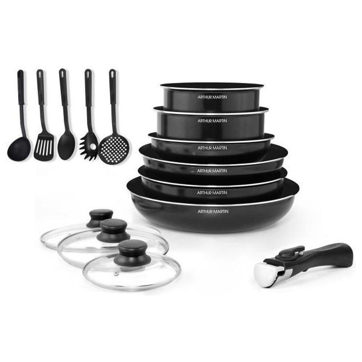 ARTHUR MARTIN Batterie de cuisine amovible 15 pieces 16-20-22-24-26 cm noir - Tous feux dont induction ARTHUR MARTIN Batterie de cuisine amovible 15 pieces 16-20-22-24-26 cm noir - Tous feux dont induction