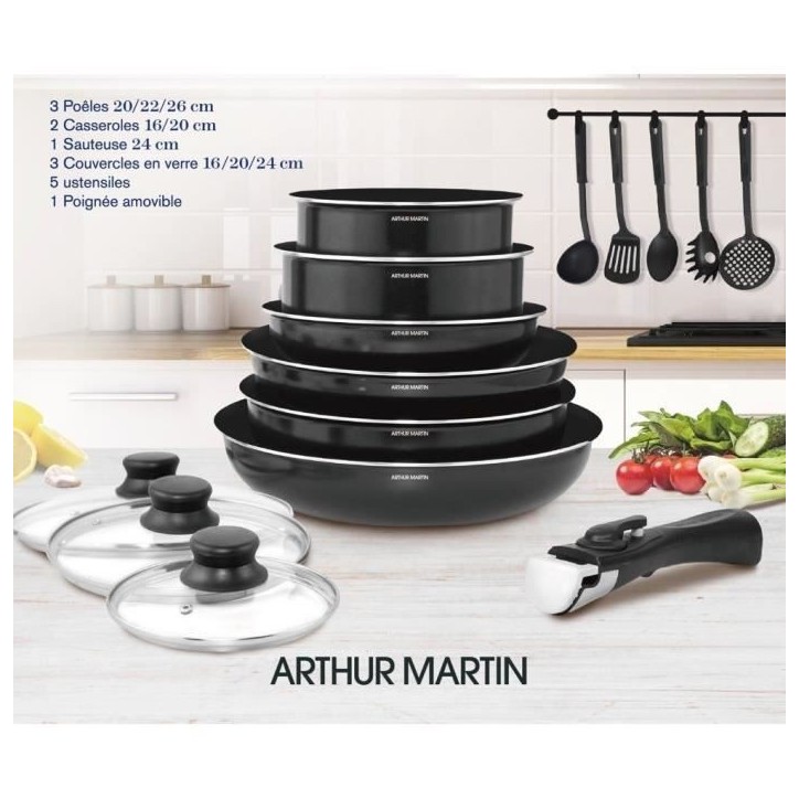 ARTHUR MARTIN Batterie de cuisine amovible 15 pieces 16-20-22-24-26 cm noir - Tous feux dont induction ARTHUR MARTIN Batterie de cuisine amovible 15 pieces 16-20-22-24-26 cm noir - Tous feux dont induction