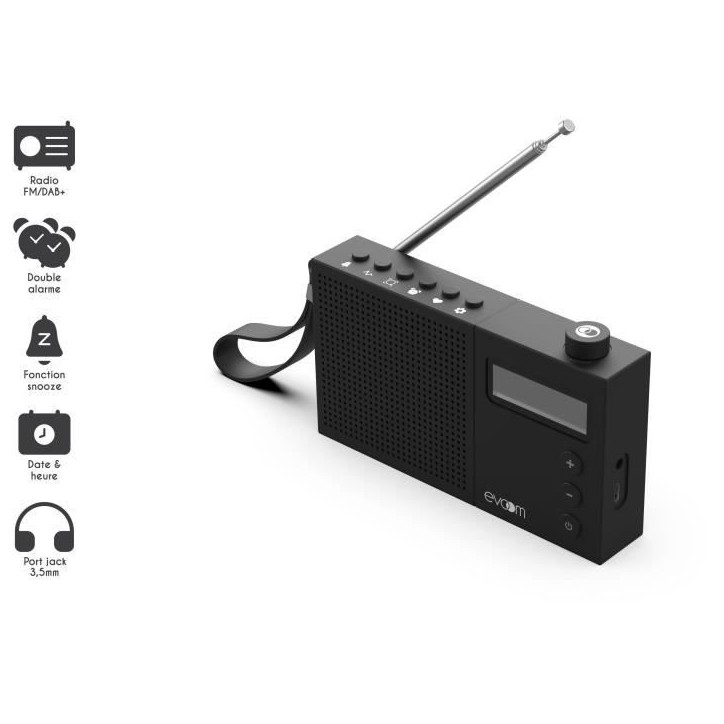 Radio-réveil EVOOM EGY Noir - FM et radio DAB+ - Batterie Piles/USB - 2 alarmes Radio-réveil EVOOM EGY Noir - FM et radio DAB+ - Batterie Piles/USB - 2 alarmes