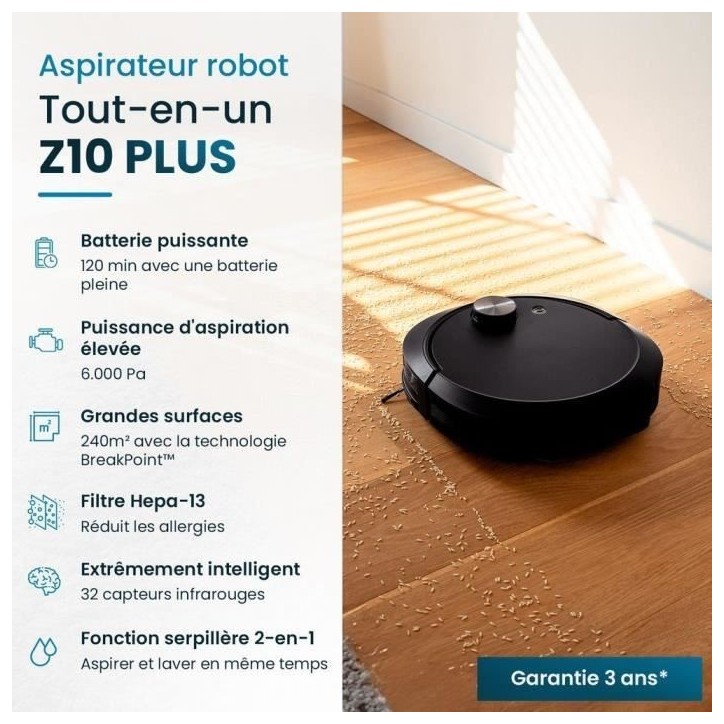 Robot Aspirateur Laveur connecté avec base de vidage EZICLEAN All-in-one Z10 Plus - 240 min - 6000pa - 180m² - 1.5L Robot Aspirateur Laveur connecté avec base de vidage EZICLEAN All-in-one Z10 Plus - 240 min - 6000pa - 180m² - 1.5L