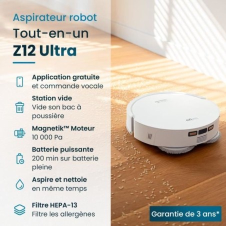 EZICLEAN All In One Z12 Ultra - Robot aspirateur laveur connecté avec base de vidage - 270 min - 14,4 V - 1,8 L - Blanc