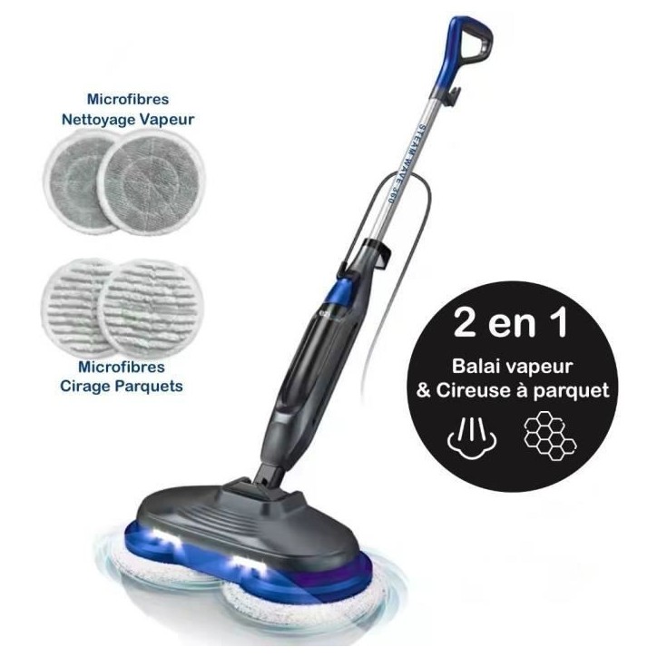 Balai Nettoyeur Vapeur - EZICLEAN STEAM WAVE 360 - 1200 W - 24 g/min - 450 ml - Noir / Bleu Balai Nettoyeur Vapeur - EZICLEAN STEAM WAVE 360 - 1200 W - 24 g/min - 450 ml - Noir / Bleu