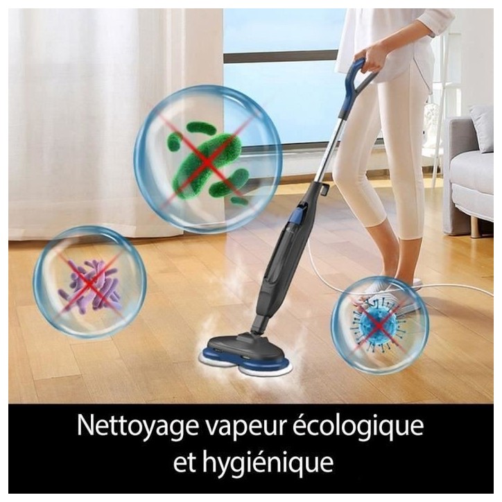 Balai Nettoyeur Vapeur - EZICLEAN STEAM WAVE 360 - 1200 W - 24 g/min - 450 ml - Noir / Bleu Balai Nettoyeur Vapeur - EZICLEAN STEAM WAVE 360 - 1200 W - 24 g/min - 450 ml - Noir / Bleu
