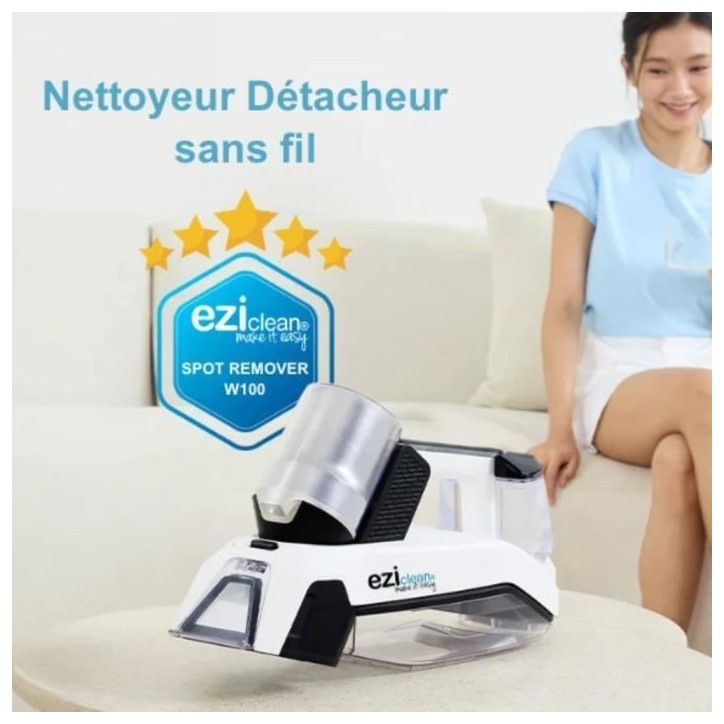 Shampouineuse sans fil - EZICLEAN SPOT REMOVER W100 - 15000 Pa - 60 W - 20 min - 0,5 L - Blanc / Gris Shampouineuse sans fil - EZICLEAN SPOT REMOVER W100 - 15000 Pa - 60 W - 20 min - 0,5 L - Blanc / Gris