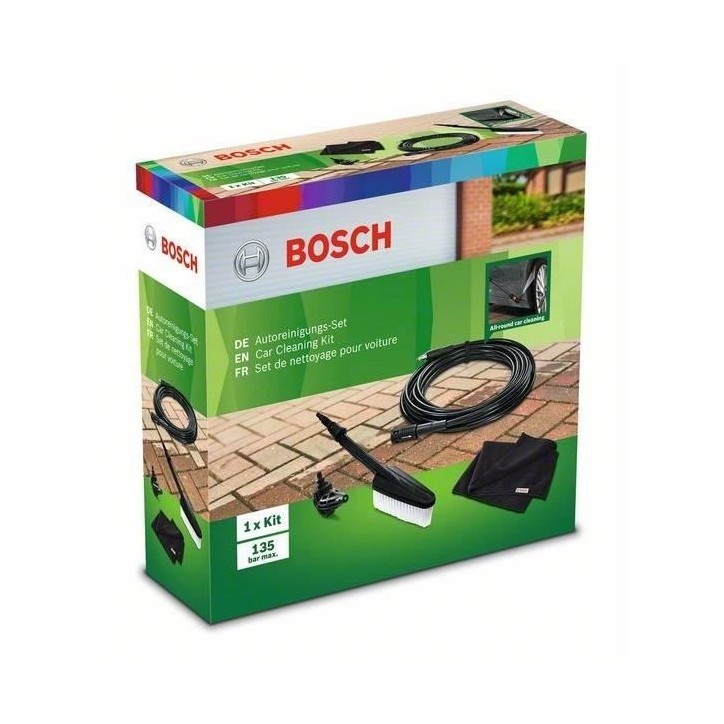 Kit de nettoyage voiture pour nettoyeurs haute pression BOSCH - Brosse de lavage, Tuyau haute pression, Buse a 90°, Chiffon Kit de nettoyage voiture pour nettoyeurs haute pression BOSCH - Brosse de lavage, Tuyau haute pression, Buse a 90°, Chiffon