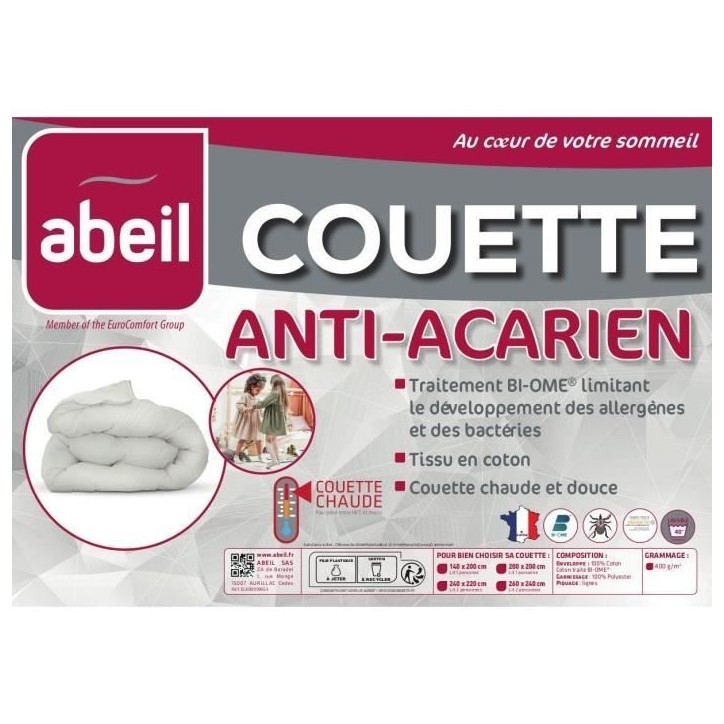 Couette anti-acariens - 220 x 240 cm - Chaude - 400 g/m² 2 personnes - Blanc - ABEIL Couette anti-acariens - 220 x 240 cm - Chaude - 400 g/m² 2 personnes - Blanc - ABEIL