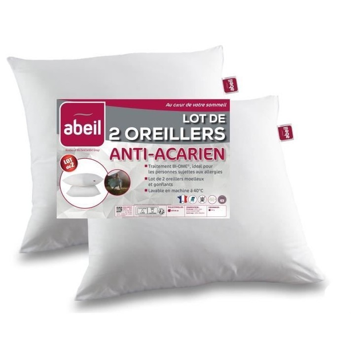 Lot de 2 oreillers anti-acariens - 60 x 60 cm - 100% coton traité Biome - ABEIL Lot de 2 oreillers anti-acariens - 60 x 60 cm - 100% coton traité Biome - ABEIL