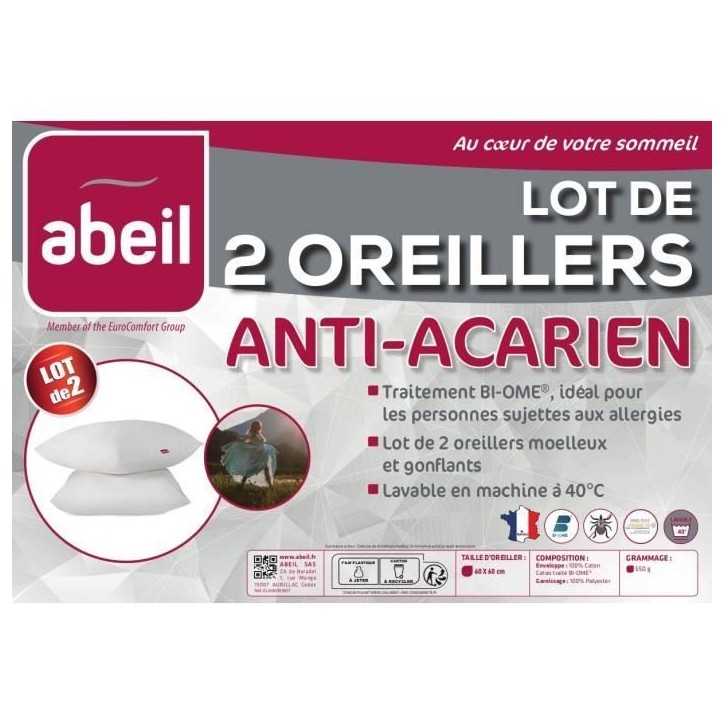 Lot de 2 oreillers anti-acariens - 60 x 60 cm - 100% coton traité Biome - ABEIL Lot de 2 oreillers anti-acariens - 60 x 60 cm - 100% coton traité Biome - ABEIL