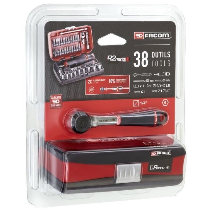 Coffret douilles 1/4'' 6 pans métriques et embouts - FACOM - R2NANOPB - 38 pieces diametre 5,5 a 14mm Coffret douilles 1/4'' 6 pans métriques et embouts - FACOM - R2NANOPB - 38 pieces diametre 5,5 a 14mm
