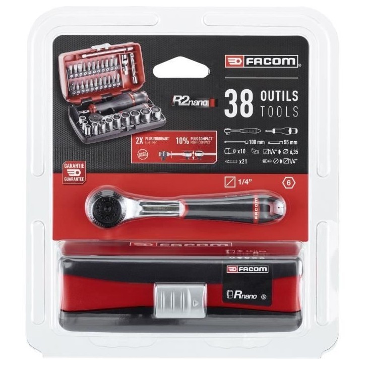 Coffret douilles 1/4'' 6 pans métriques et embouts - FACOM - R2NANOPB - 38 pieces diametre 5,5 a 14mm Coffret douilles 1/4'' 6 pans métriques et embouts - FACOM - R2NANOPB - 38 pieces diametre 5,5 a 14mm
