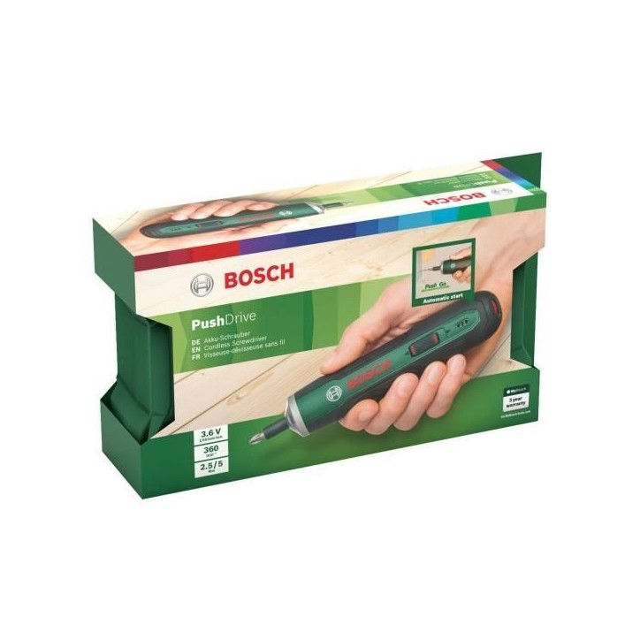 Visseuse sans fil ergonomique Bosch - PushDrive (3,6V - 1,5Ah intégrée, recharge Micro USB, livrée avec 32 embouts de vissage
