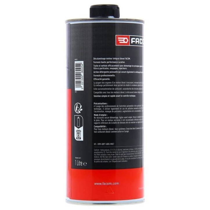 Decalaminage intégral moteur diesel preventif 1L - FACOM - soupapes, combustion, vanne EGR, catalyseur, filtre a particules Decalaminage intégral moteur diesel preventif 1L - FACOM - soupapes, combustion, vanne EGR, catalyseur, filtre a particules