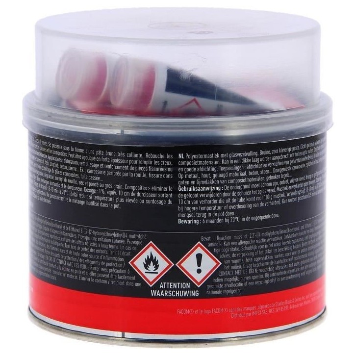 Mastic polyester armé 600g réparation fissures et perforations carrosserie - FACOM - Colle les pieces cassées et les composit Mastic polyester armé 600g réparation fissures et perforations carrosserie - FACOM - Colle les pieces cassées et les composit