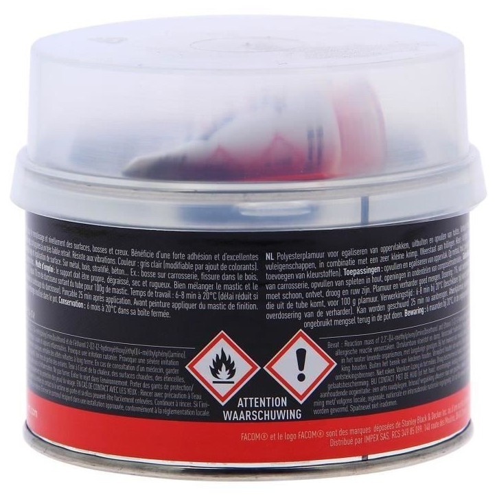 Mastic réparation fissures carrosserie 500g - FACOM - Forte adhesion - Métal, bois, stratifié, béton - Polyester Mastic réparation fissures carrosserie 500g - FACOM - Forte adhesion - Métal, bois, stratifié, béton - Polyester