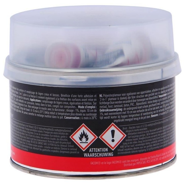 Mastic polyester souple 2 en 1 pot 500g- FACOM - réparation léger creux et bosses Mastic polyester souple 2 en 1 pot 500g- FACOM - réparation léger creux et bosses