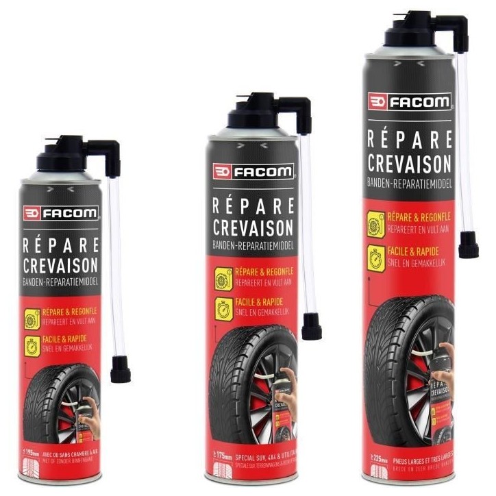 Répare crevaison 400ml - FACOM - sans démontage du pneu jusqu'a 195 mm avec ou sans chambre a air. Répare crevaison 400ml - FACOM - sans démontage du pneu jusqu'a 195 mm avec ou sans chambre a air.