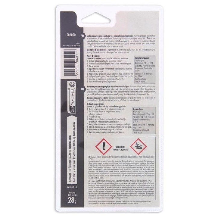 Colle epoxy alu bi-composant 28g - FACOM - pour pieces métalliques-plastiques-bois Colle epoxy alu bi-composant 28g - FACOM - pour pieces métalliques-plastiques-bois