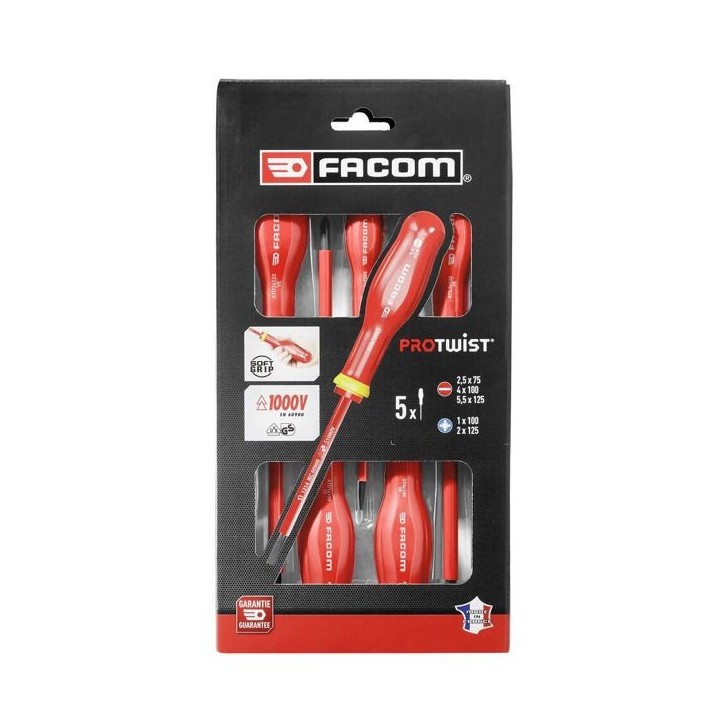 Jeu de 5 tournevis isolés - FACOM - AT5VE.PB - 1000V Jeu de 5 tournevis isolés - FACOM - AT5VE.PB - 1000V