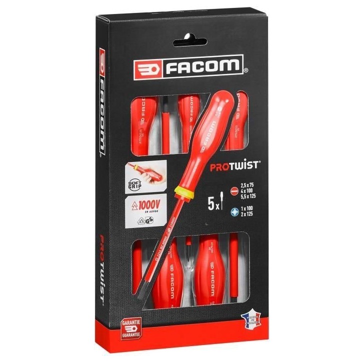 Jeu de 5 tournevis isolés - FACOM - AT5VE.PB - 1000V Jeu de 5 tournevis isolés - FACOM - AT5VE.PB - 1000V