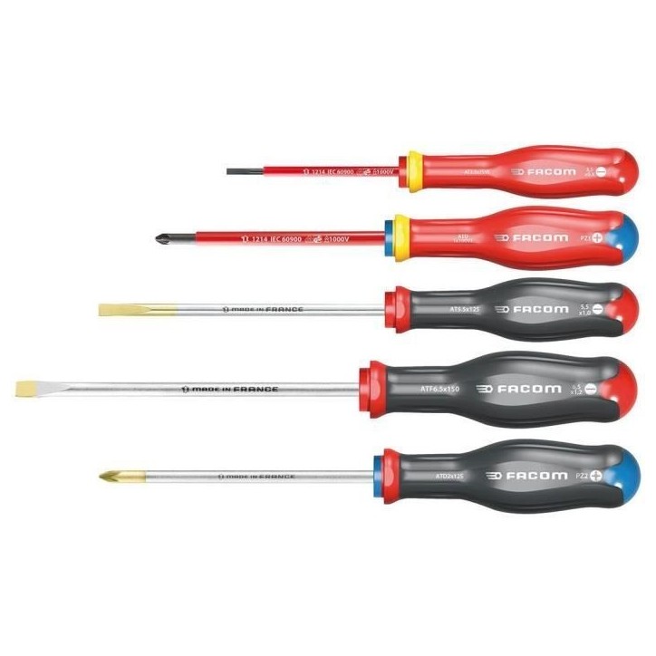 Coffret de 5 Tournevis Protwist FACOM - AT.J5VEPB (dont 2 Tournevis isolés 1000V empreintes Fente et Prozidriv) Coffret de 5 Tournevis Protwist FACOM - AT.J5VEPB (dont 2 Tournevis isolés 1000V empreintes Fente et Prozidriv)