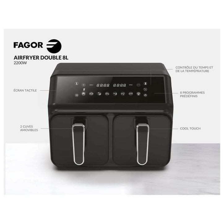 Friteuse sans huile FAGOR - Airfryer FG2X4L - Capacité 8L - Double cuves 4L - 8 programmes de cuisson - 2200W Friteuse sans huile FAGOR - Airfryer FG2X4L - Capacité 8L - Double cuves 4L - 8 programmes de cuisson - 2200W