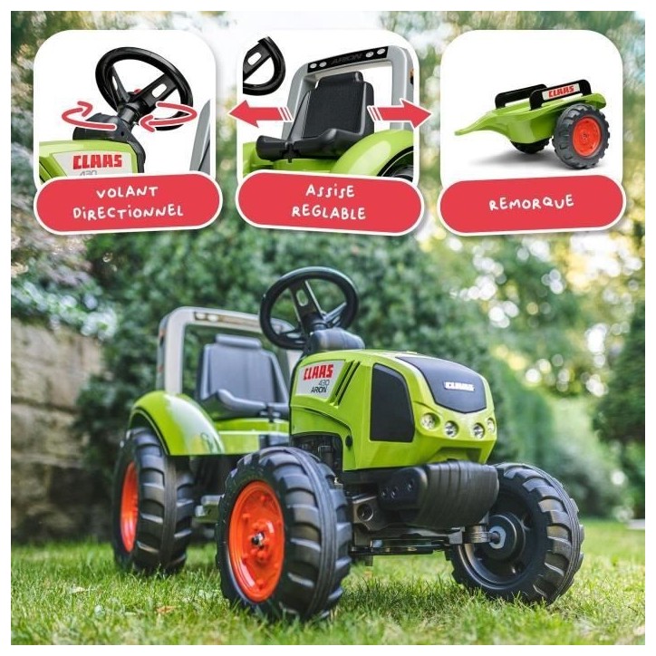 Tracteur a pédales Claas - FALK - Volant directionnel et Remorque - 100% Fabriqué en France - 60% de plastique recyclé - Des Tracteur a pédales Claas - FALK - Volant directionnel et Remorque - 100% Fabriqué en France - 60% de plastique recyclé - Des
