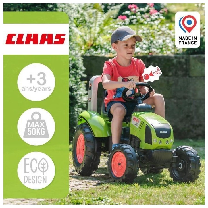 Tracteur a pédales Claas - FALK - Volant directionnel et Remorque - 100% Fabriqué en France - 60% de plastique recyclé - Des Tracteur a pédales Claas - FALK - Volant directionnel et Remorque - 100% Fabriqué en France - 60% de plastique recyclé - Des