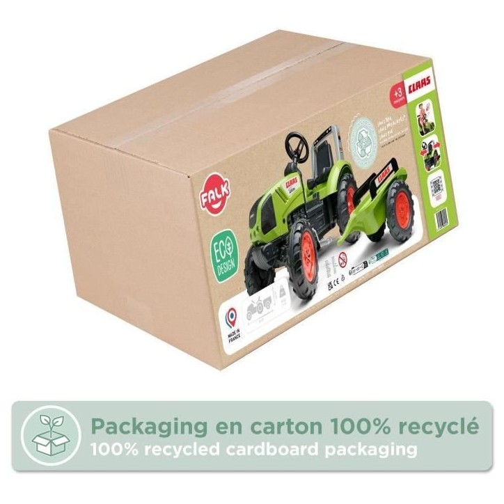 Tracteur a pédales Claas - FALK - Volant directionnel et Remorque - 100% Fabriqué en France - 60% de plastique recyclé - Des Tracteur a pédales Claas - FALK - Volant directionnel et Remorque - 100% Fabriqué en France - 60% de plastique recyclé - Des