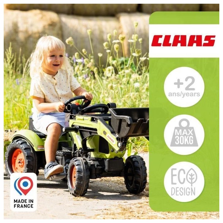 Tractopelle Claas - FALK -Volant directionnel et remorque - Vert - 100% Fabriqué en France - 70% de plastique recyclé - Des 2 Tractopelle Claas - FALK -Volant directionnel et remorque - Vert - 100% Fabriqué en France - 70% de plastique recyclé - Des 2
