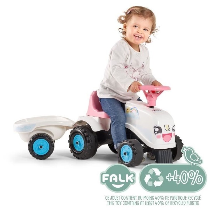 Porteur Tracteur Rainbow Farm - FALK - Volant directionnel avec klaxon - Blanc et Rose - 100% Fabriqué en France - Des 12 mois Porteur Tracteur Rainbow Farm - FALK - Volant directionnel avec klaxon - Blanc et Rose - 100% Fabriqué en France - Des 12 mois