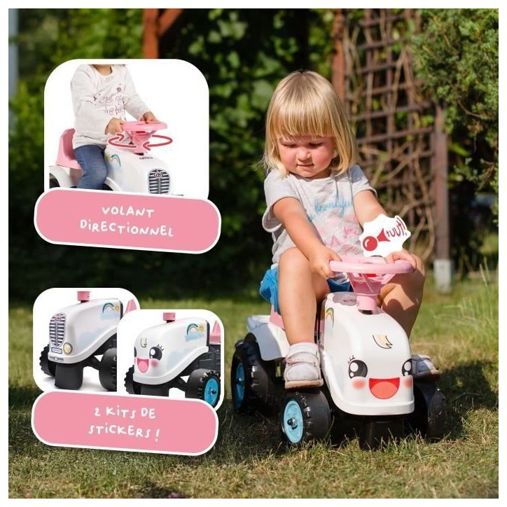 Porteur Tracteur Rainbow Farm - FALK - Volant directionnel avec klaxon - Blanc et Rose - 100% Fabriqué en France - Des 12 mois Porteur Tracteur Rainbow Farm - FALK - Volant directionnel avec klaxon - Blanc et Rose - 100% Fabriqué en France - Des 12 mois