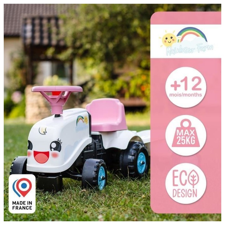 Porteur Tracteur Rainbow Farm - FALK - Volant directionnel avec klaxon - Blanc et Rose - 100% Fabriqué en France - Des 12 mois Porteur Tracteur Rainbow Farm - FALK - Volant directionnel avec klaxon - Blanc et Rose - 100% Fabriqué en France - Des 12 mois