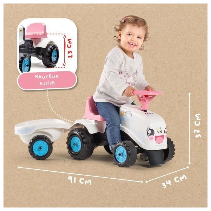 Porteur Tracteur Rainbow Farm - FALK - Volant directionnel avec klaxon - Blanc et Rose - 100% Fabriqué en France - Des 12 mois Porteur Tracteur Rainbow Farm - FALK - Volant directionnel avec klaxon - Blanc et Rose - 100% Fabriqué en France - Des 12 mois