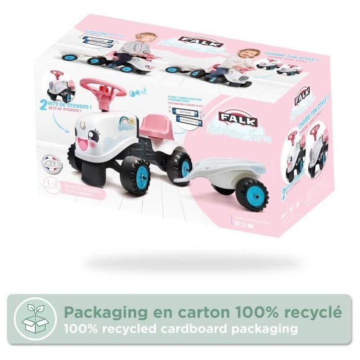 Porteur Tracteur Rainbow Farm - FALK - Volant directionnel avec klaxon - Blanc et Rose - 100% Fabriqué en France - Des 12 mois Porteur Tracteur Rainbow Farm - FALK - Volant directionnel avec klaxon - Blanc et Rose - 100% Fabriqué en France - Des 12 mois