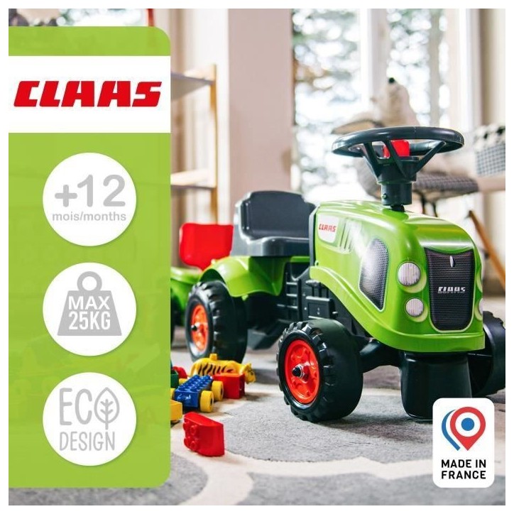 Porteur tracteur Claas avec remorque et accessoires - FALK - Des 12 mois - 100% fabriqué en France - 40% plastique recyclé Porteur tracteur Claas avec remorque et accessoires - FALK - Des 12 mois - 100% fabriqué en France - 40% plastique recyclé