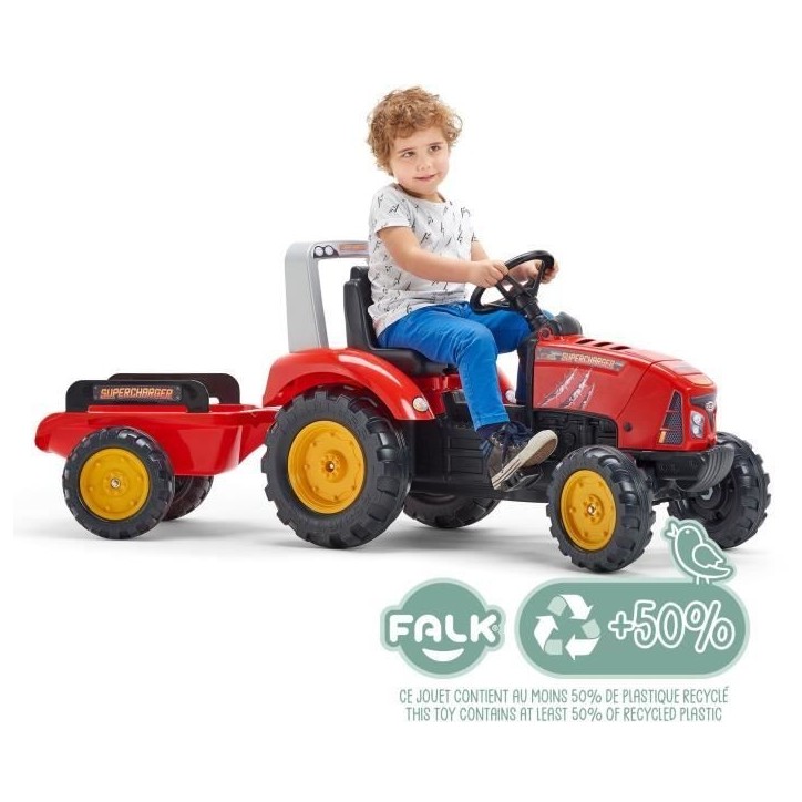 Tracteur a pédales Supercharger - FALK - Volant directionnel et remorque - Fabriqué en France - 60% de plastique recyclé - De Tracteur a pédales Supercharger - FALK - Volant directionnel et remorque - Fabriqué en France - 60% de plastique recyclé - De
