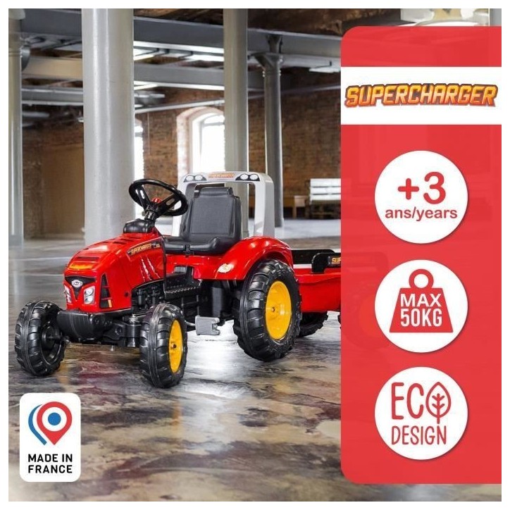 Tracteur a pédales Supercharger - FALK - Volant directionnel et remorque - Fabriqué en France - 60% de plastique recyclé - De Tracteur a pédales Supercharger - FALK - Volant directionnel et remorque - Fabriqué en France - 60% de plastique recyclé - De