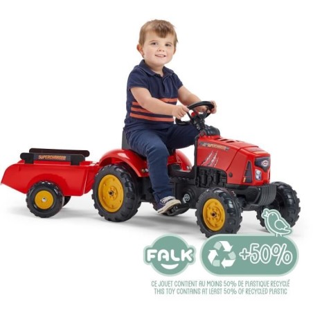 Tracteur a pédales SuperCharger - FALK - Volant directionnel et remorque - Fabriqué en France - 50% de plastique recyclé - De