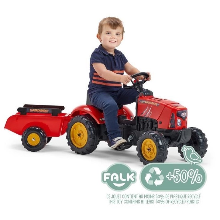 Tracteur a pédales SuperCharger - FALK - Volant directionnel et remorque - Fabriqué en France - 50% de plastique recyclé - De Tracteur a pédales SuperCharger - FALK - Volant directionnel et remorque - Fabriqué en France - 50% de plastique recyclé - De