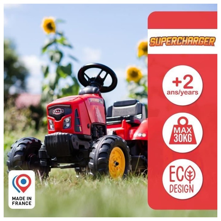 Tracteur a pédales SuperCharger - FALK - Volant directionnel et remorque - Fabriqué en France - 50% de plastique recyclé - De Tracteur a pédales SuperCharger - FALK - Volant directionnel et remorque - Fabriqué en France - 50% de plastique recyclé - De