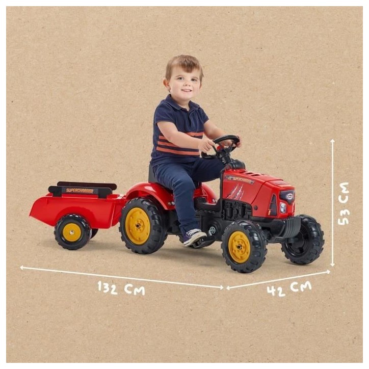 Tracteur a pédales SuperCharger - FALK - Volant directionnel et remorque - Fabriqué en France - 50% de plastique recyclé - De Tracteur a pédales SuperCharger - FALK - Volant directionnel et remorque - Fabriqué en France - 50% de plastique recyclé - De